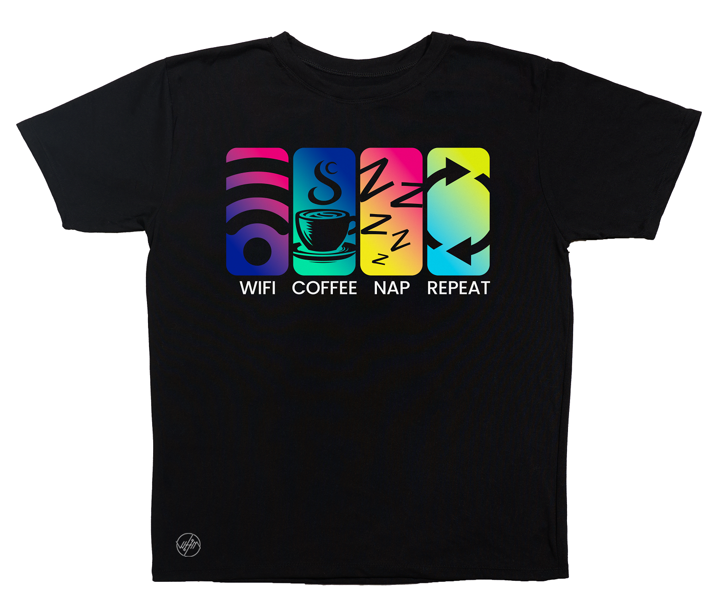 Wifi Coffee Nap Repeat in black shirt