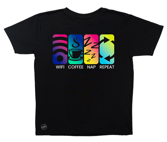 Wifi Coffee Nap Repeat in black shirt